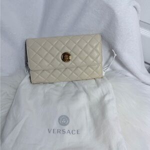Versace Beige Quilted Clutch with Gold Emblem